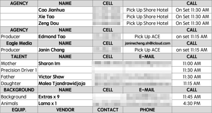 call sheet